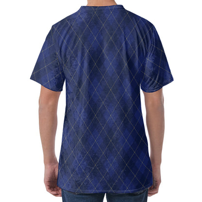 Navy Blue Argyle Pattern Print Men's Velvet T-Shirt
