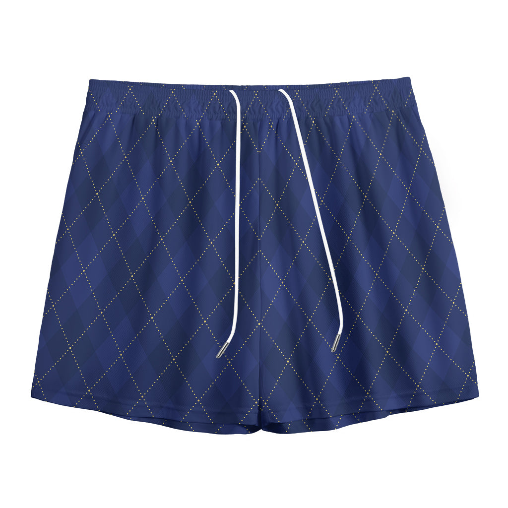 Navy Blue Argyle Pattern Print Mesh Shorts