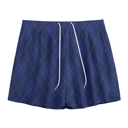 Navy Blue Argyle Pattern Print Mesh Shorts