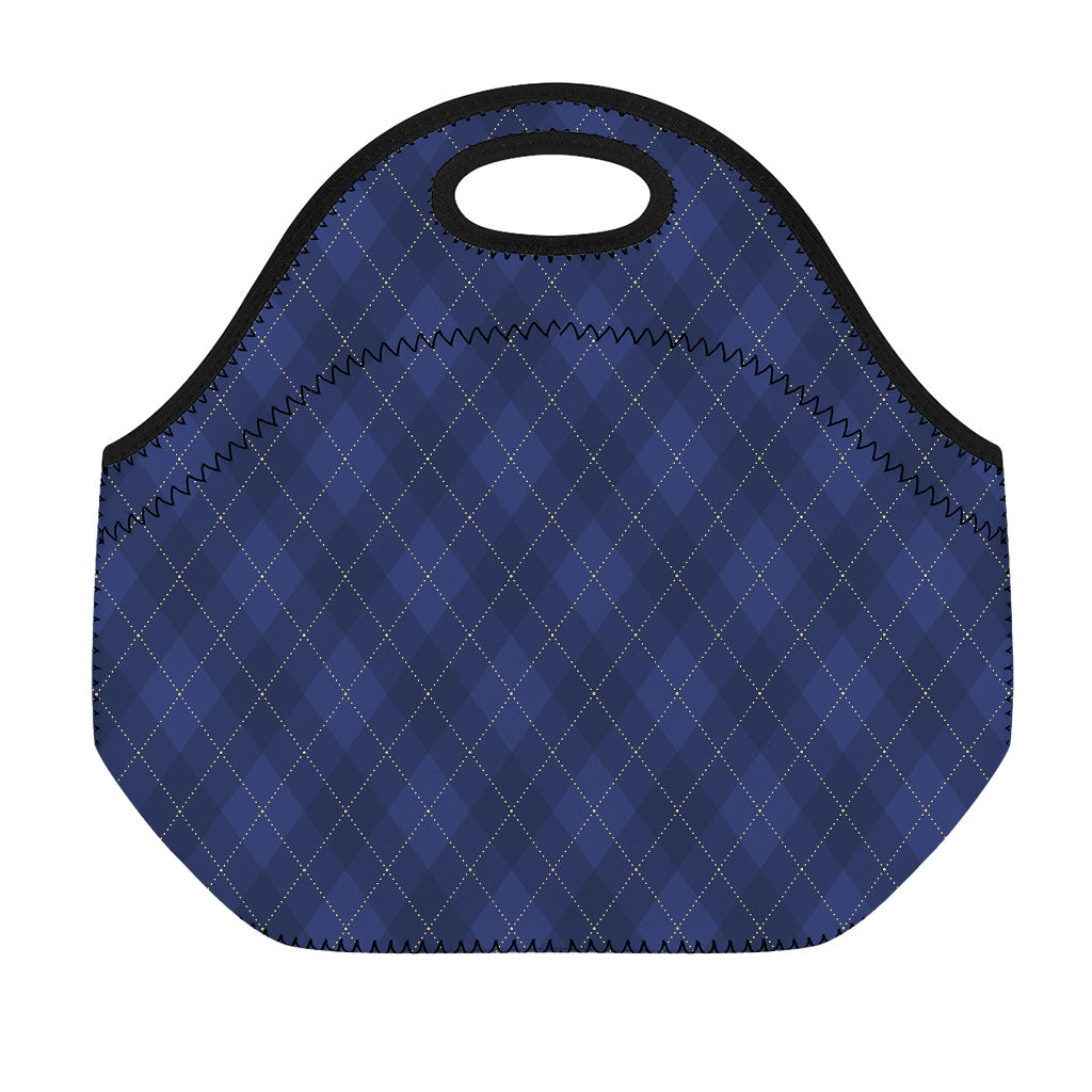 Navy Blue Argyle Pattern Print Neoprene Lunch Bag