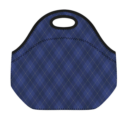 Navy Blue Argyle Pattern Print Neoprene Lunch Bag