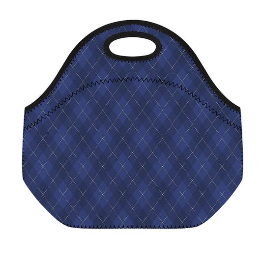 Navy Blue Argyle Pattern Print Neoprene Lunch Bag