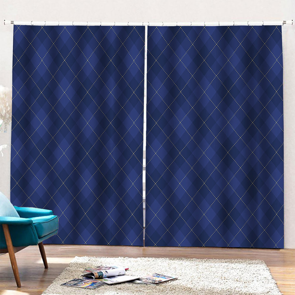 Navy Blue Argyle Pattern Print Pencil Pleat Curtains