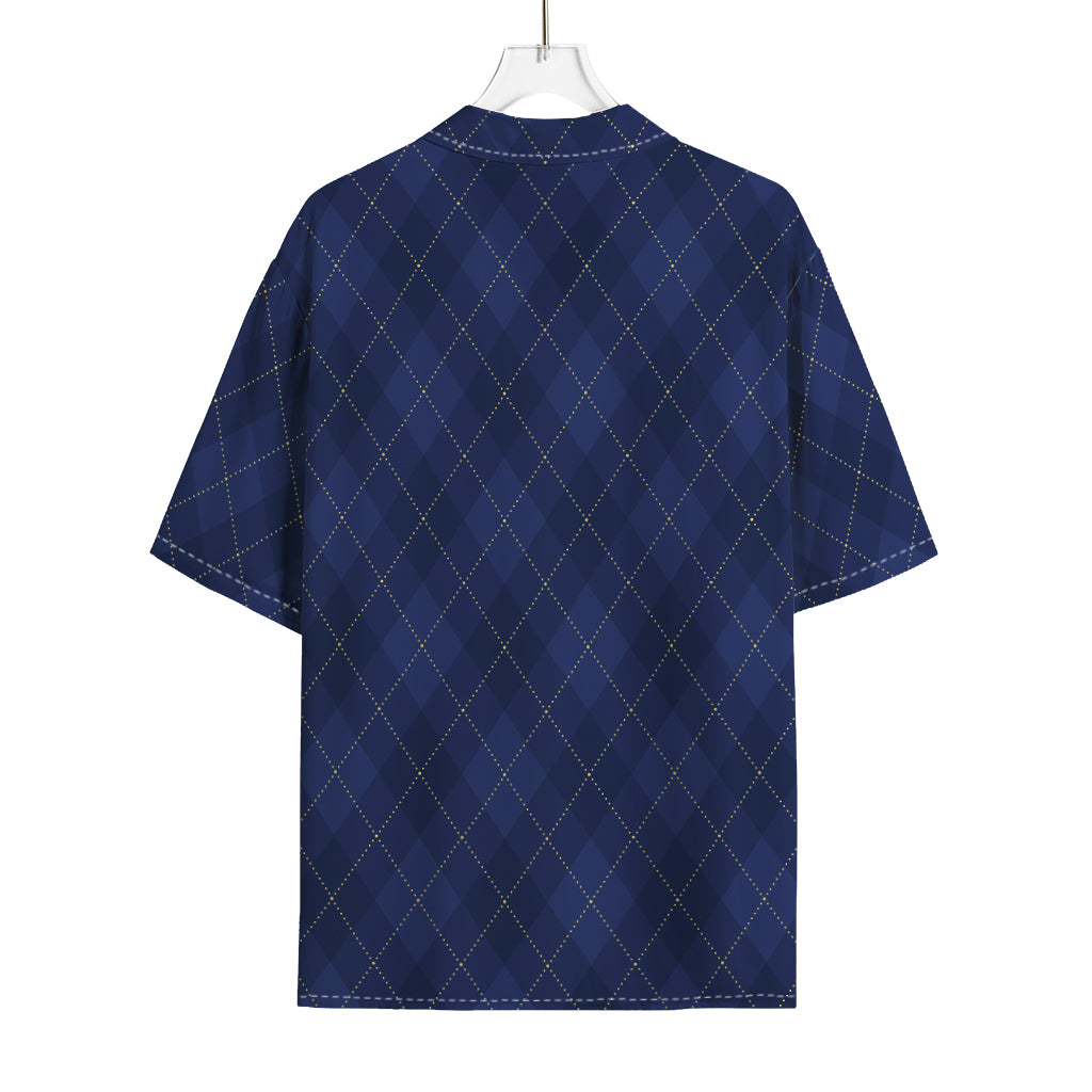 Navy Blue Argyle Pattern Print Rayon Hawaiian Shirt
