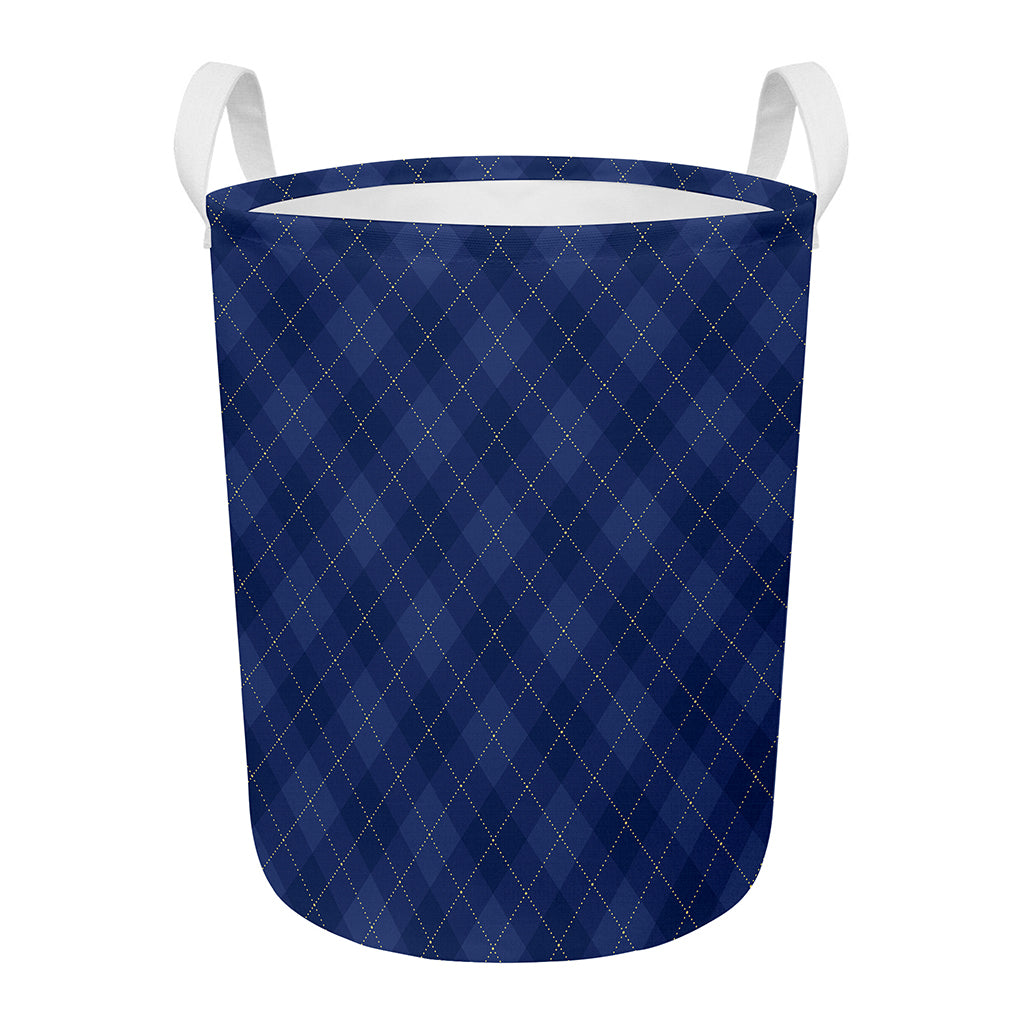 Navy Blue Argyle Pattern Print Round Laundry Basket