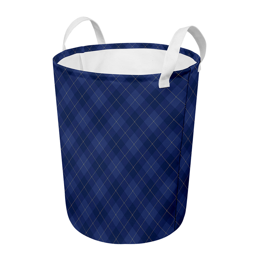 Navy Blue Argyle Pattern Print Round Laundry Basket