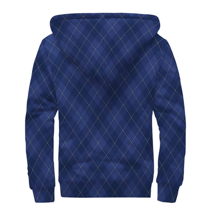 Navy Blue Argyle Pattern Print Sherpa Lined Zip Up Hoodie