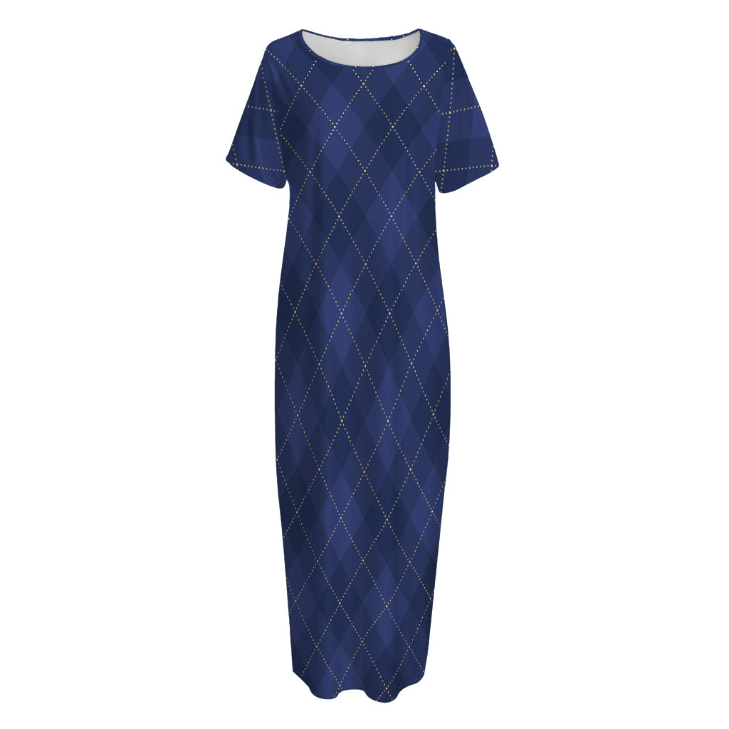 Navy Blue Argyle Pattern Print Short Sleeve Long Nightdress