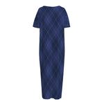 Navy Blue Argyle Pattern Print Short Sleeve Long Nightdress