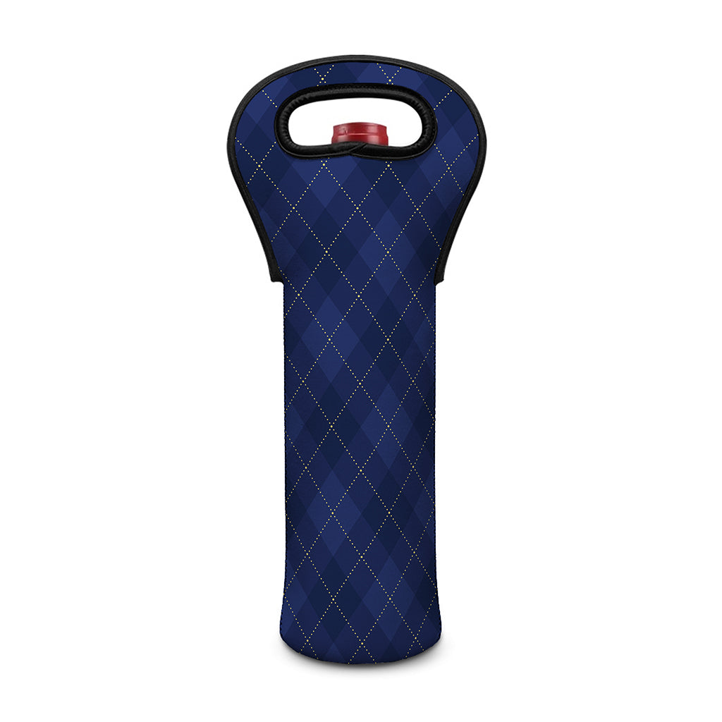 Navy Blue Argyle Pattern Print Single Neoprene Wine Tote