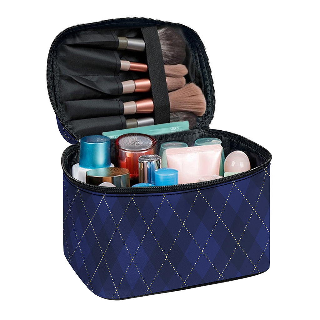 Navy Blue Argyle Pattern Print Travel Makeup Bag