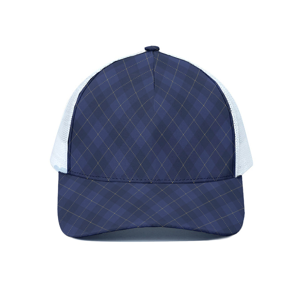 Navy Blue Argyle Pattern Print White Mesh Trucker Cap