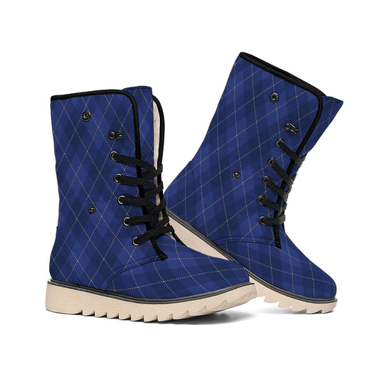 Navy Blue Argyle Pattern Print Winter Boots