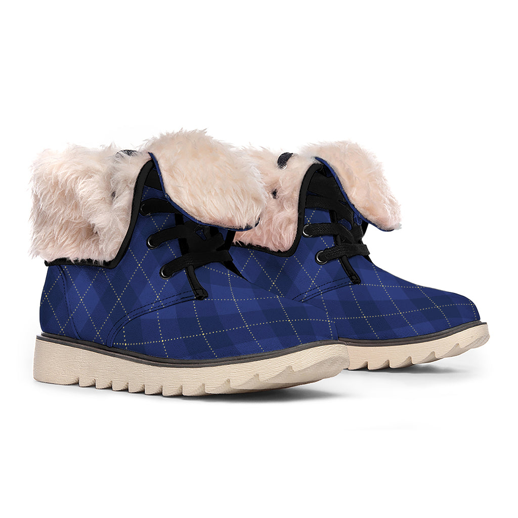 Navy Blue Argyle Pattern Print Winter Boots
