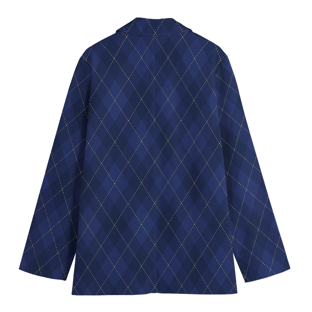 Navy Blue Argyle Pattern Print Women's Blazer