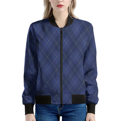 Navy Blue Argyle Pattern Print Women's Bomber Jacket