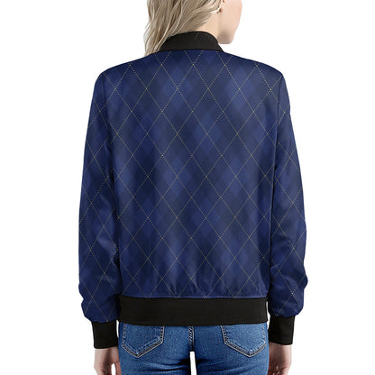 Navy Blue Argyle Pattern Print Women's Bomber Jacket