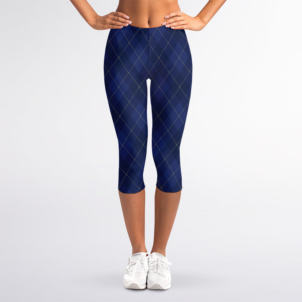 Navy Blue Argyle Pattern Print Women's Capri Leggings