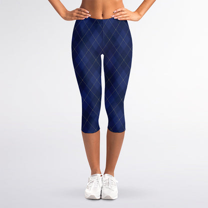 Navy Blue Argyle Pattern Print Women's Capri Leggings