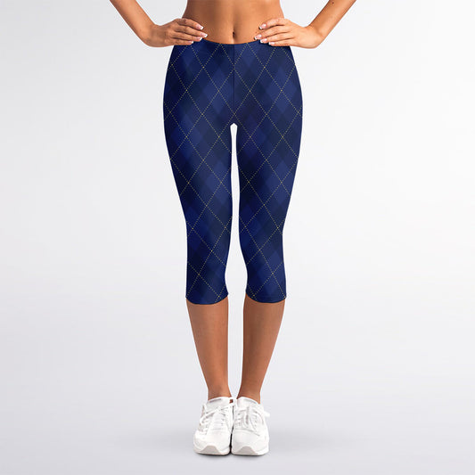 Navy Blue Argyle Pattern Print Women's Capri Leggings