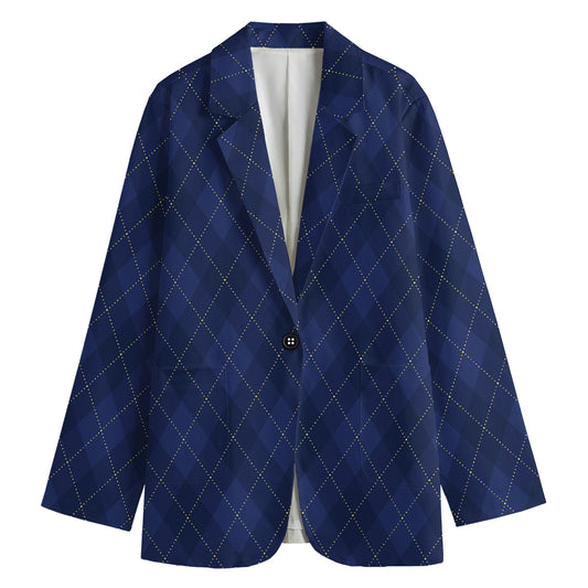 Navy Blue Argyle Pattern Print Women's Cotton Blazer
