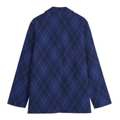 Navy Blue Argyle Pattern Print Women's Cotton Blazer
