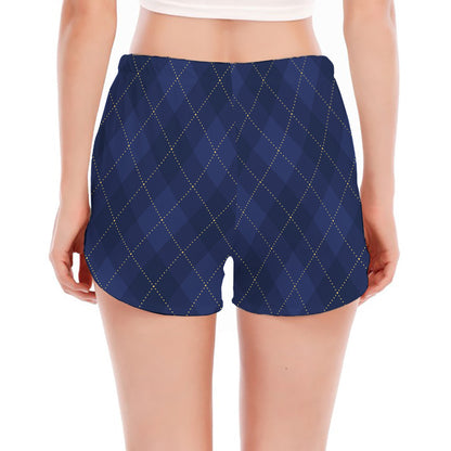 Navy Blue Argyle Pattern Print Women's Split Running Shorts