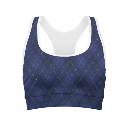 Navy Blue Argyle Pattern Print Women's Sports Bra