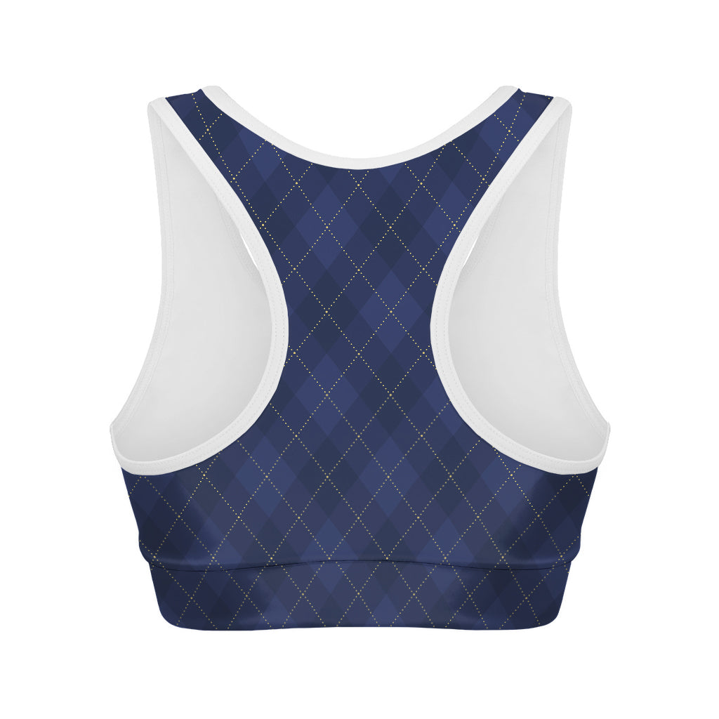 Navy Blue Argyle Pattern Print Women's Sports Bra
