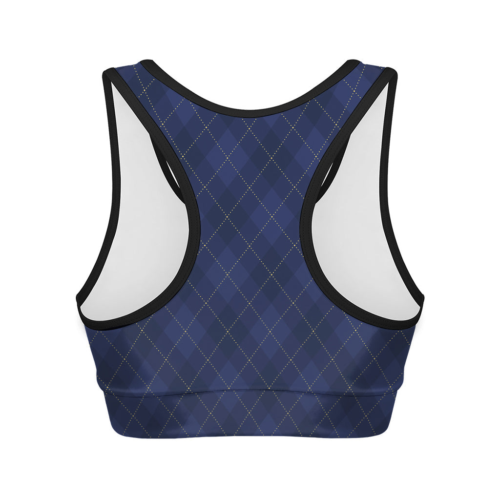 Navy Blue Argyle Pattern Print Women's Sports Bra