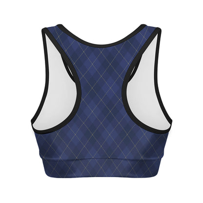 Navy Blue Argyle Pattern Print Women's Sports Bra