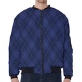 Navy Blue Argyle Pattern Print Zip Sleeve Bomber Jacket