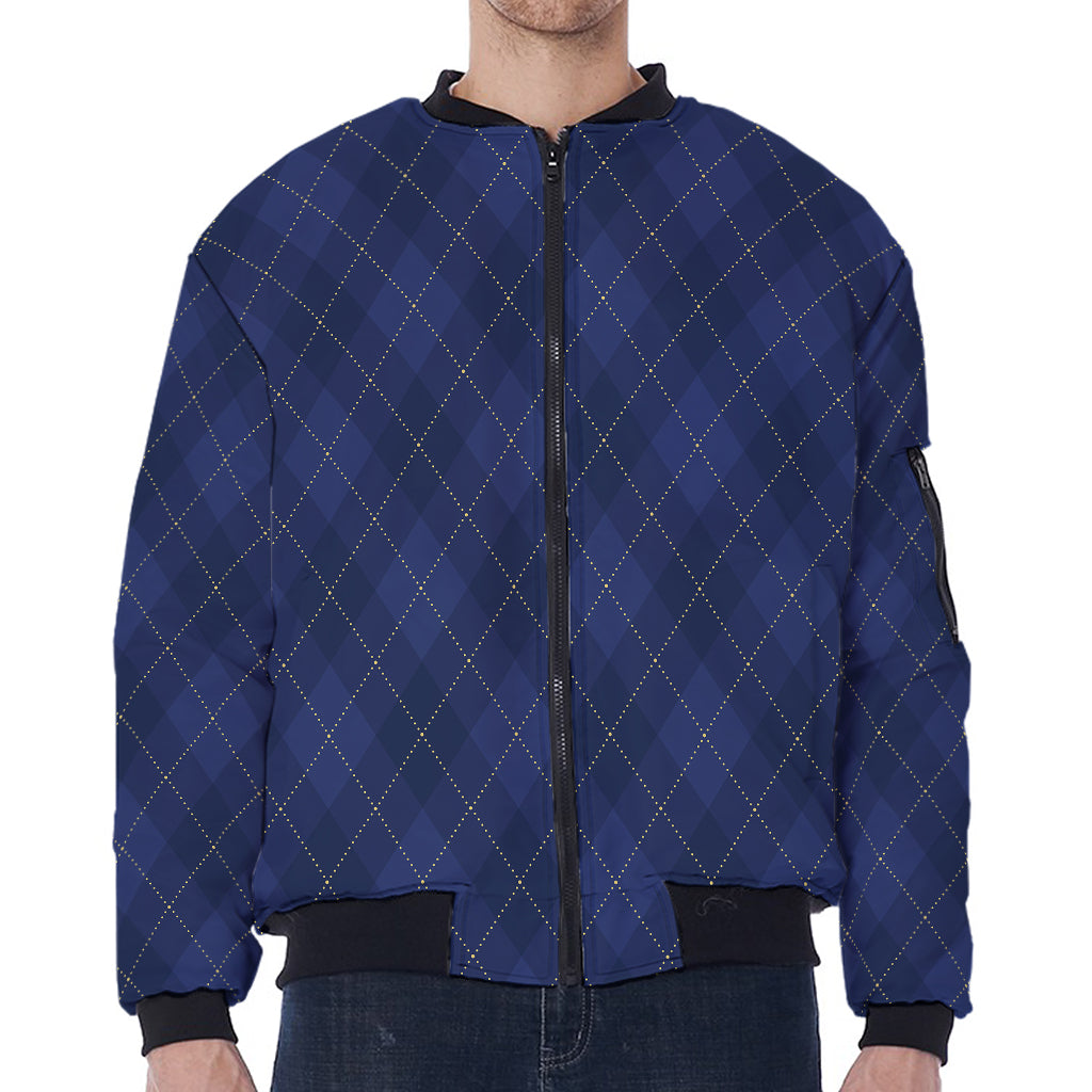 Navy Blue Argyle Pattern Print Zip Sleeve Bomber Jacket