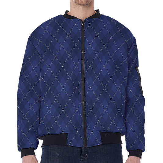 Navy Blue Argyle Pattern Print Zip Sleeve Bomber Jacket