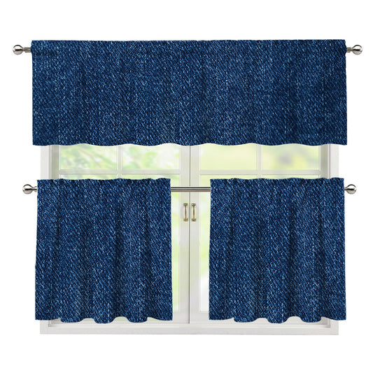 Navy Blue Denim Jeans Print 3 Piece Kitchen Curtains