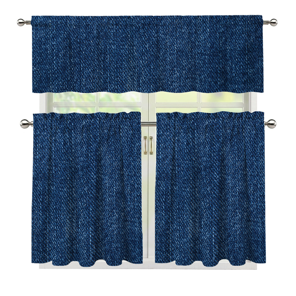 Navy Blue Denim Jeans Print 3 Piece Kitchen Curtains