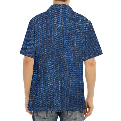 Navy Blue Denim Jeans Print Aloha Shirt