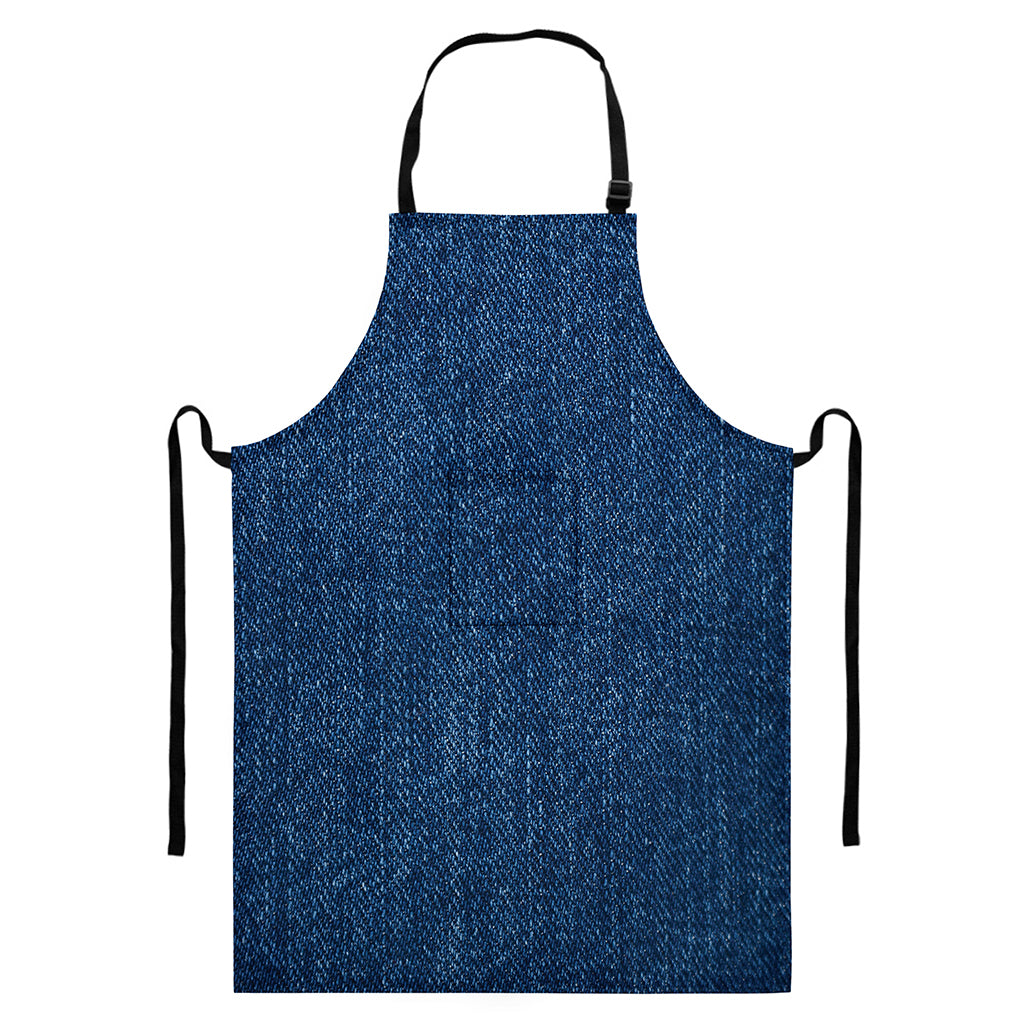 Navy Blue Denim Jeans Print Bib Apron With Pocket