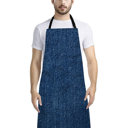 Navy Blue Denim Jeans Print Bib Apron With Pocket