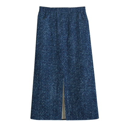 Navy Blue Denim Jeans Print Cotton Front Slit Maxi Skirt