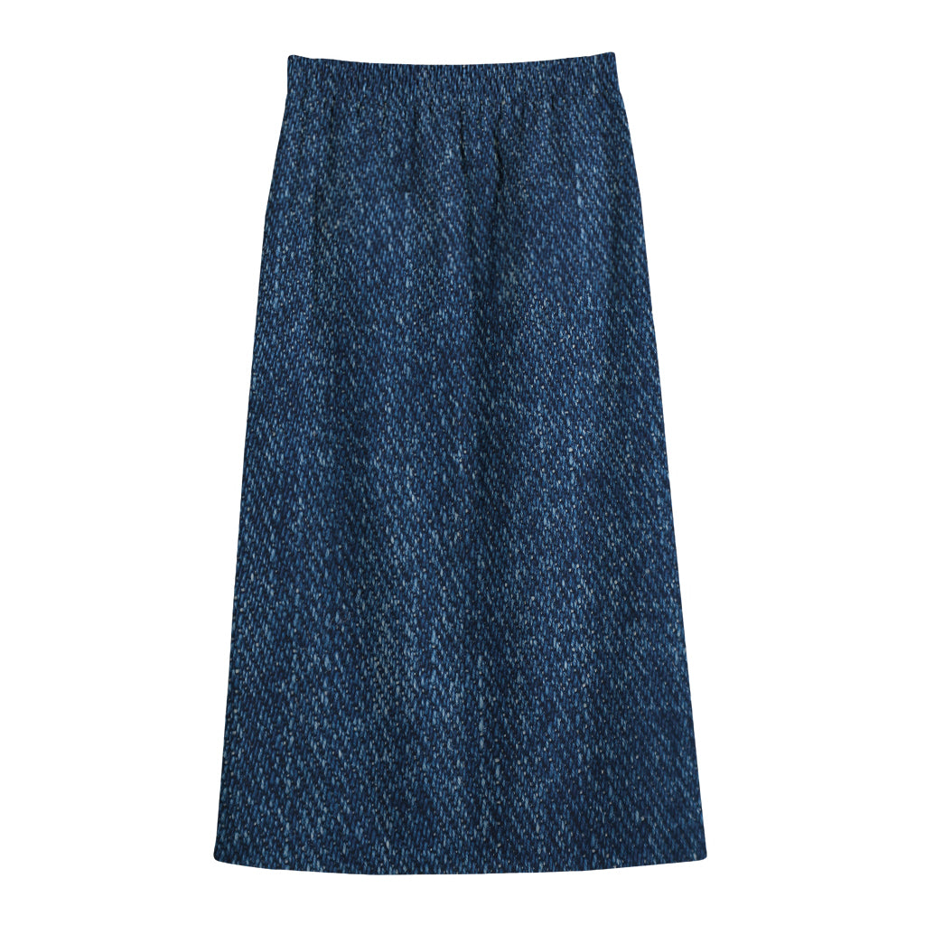 Navy Blue Denim Jeans Print Cotton Front Slit Maxi Skirt