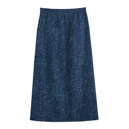 Navy Blue Denim Jeans Print Cotton Front Slit Maxi Skirt