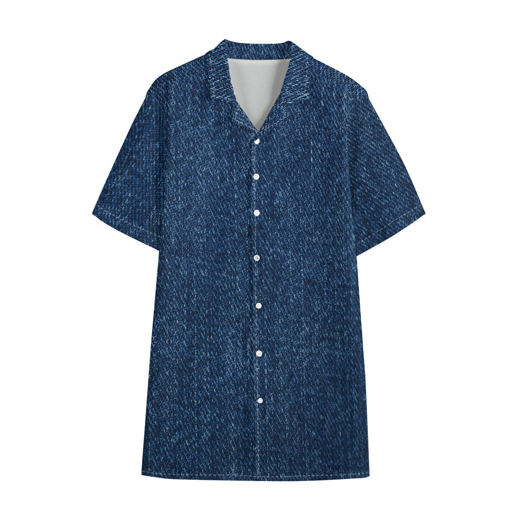 Navy Blue Denim Jeans Print Cotton Hawaiian Shirt