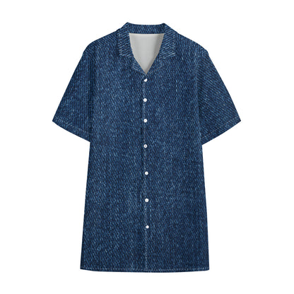 Navy Blue Denim Jeans Print Cotton Hawaiian Shirt