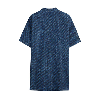 Navy Blue Denim Jeans Print Cotton Hawaiian Shirt