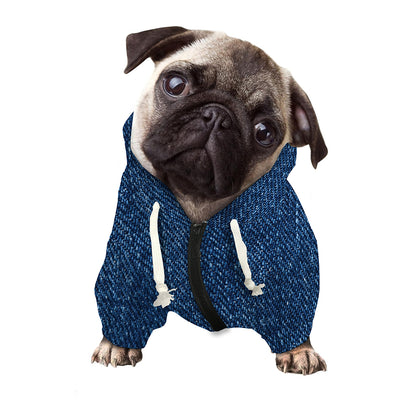 Navy Blue Denim Jeans Print Dog Zip Up Hoodie