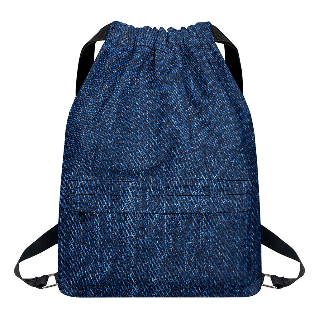 Navy Blue Denim Jeans Print Drawstring Backpack