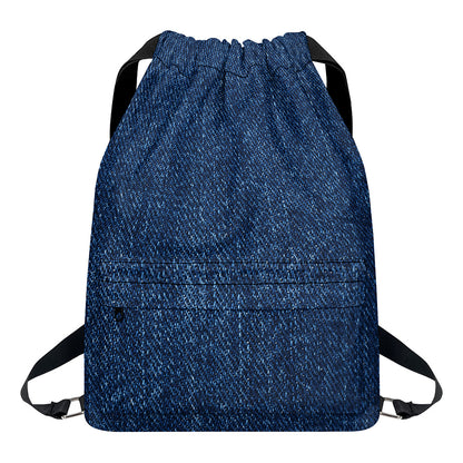 Navy Blue Denim Jeans Print Drawstring Backpack
