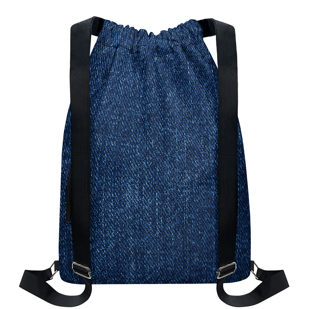 Navy Blue Denim Jeans Print Drawstring Backpack