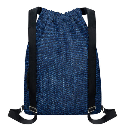 Navy Blue Denim Jeans Print Drawstring Backpack